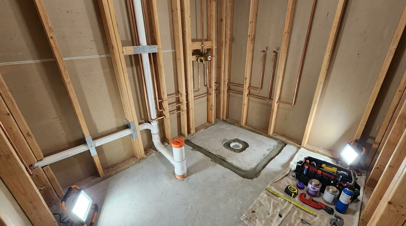 Bathroom rough-in plumbing during remodel by Johns Plumbing LLC in New Eagle