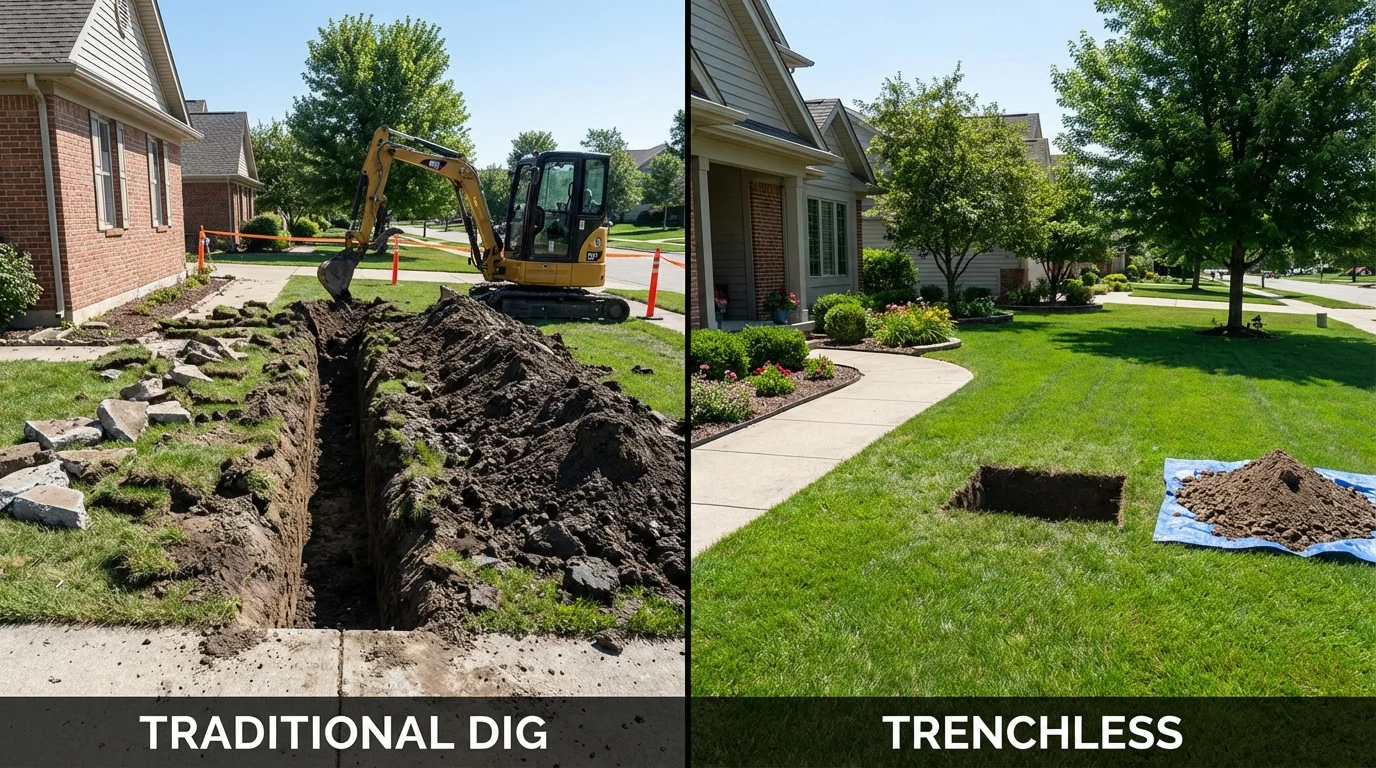 Trenchless sewer repair with minimal yard damage versus traditional excavation in New Eagle, PA