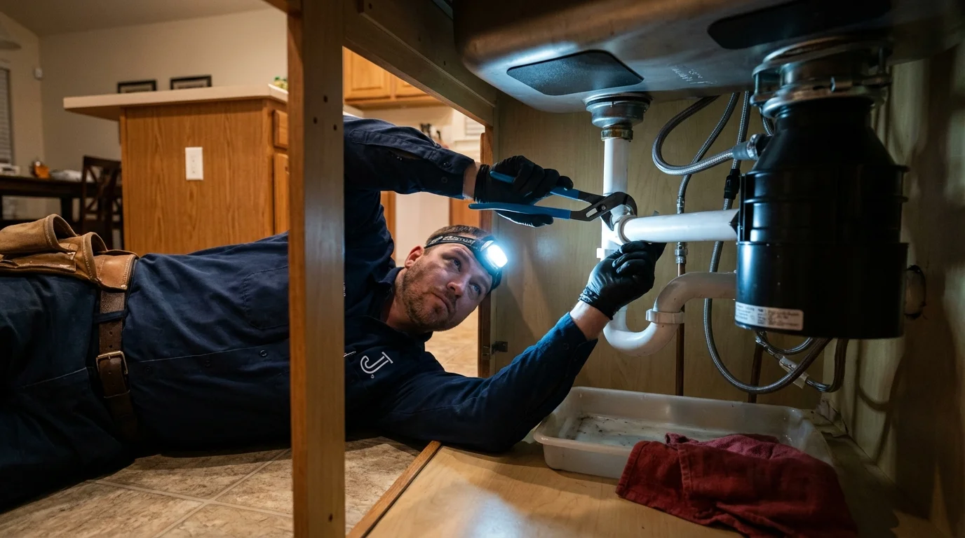P-trap and supply line connections under a kitchen sink showing a common leak point in New Eagle, PA